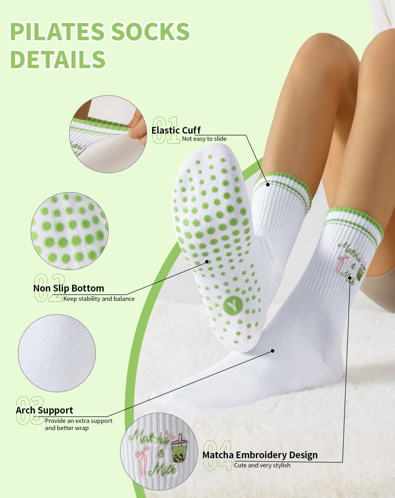 Yawlsow Pilates Grip Socks for Women Yoga Grippy Socks Cute Barre Non Skid Athletic Crew Sticky Sock Workout Hospital (US, Alpha, One Size, Regular, Regular, 1 Pack-Green-Matcha) - Image 4