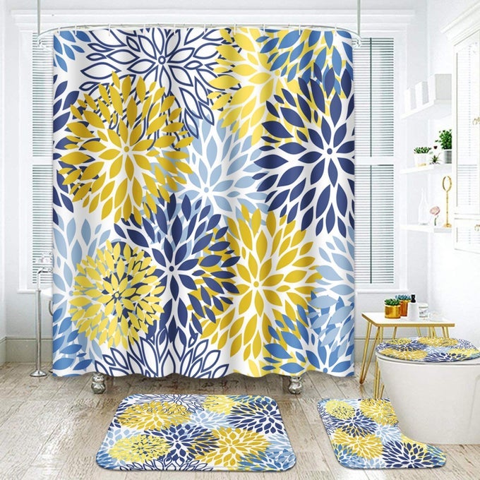 SPRING FLORAL BATHROOM SET WITH SHOWER CURTAIN AND RUGS AND ACCESSORIES BLUE YELLOW NAVY FLOWER ABSTRACT GREY PLANT LEAF FLOWERS SHOWER CURTAIN FOR BATHROOM DECOR 4 PCS