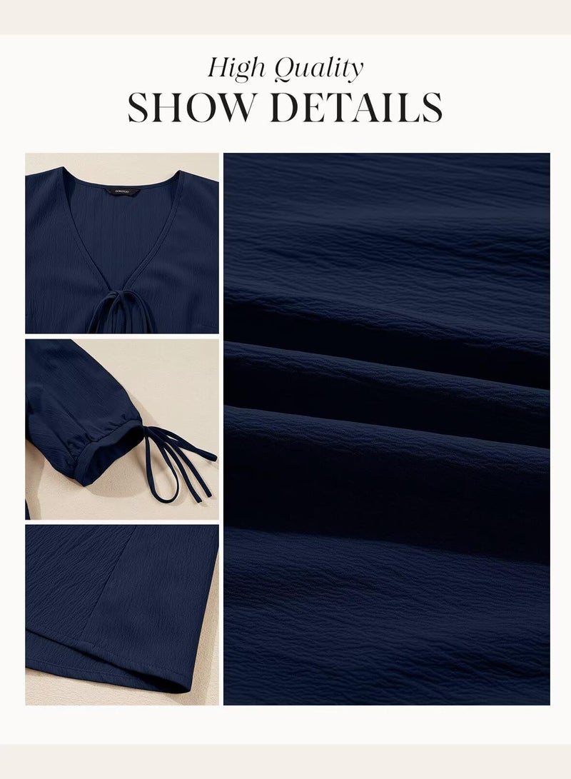 Dokotoo Women's Summer Short Sleeve Tie Front Empire Waist A-Line Babydoll Loose Cute Mini Dress Summer Clothes Dirty Blue Large - Image 5
