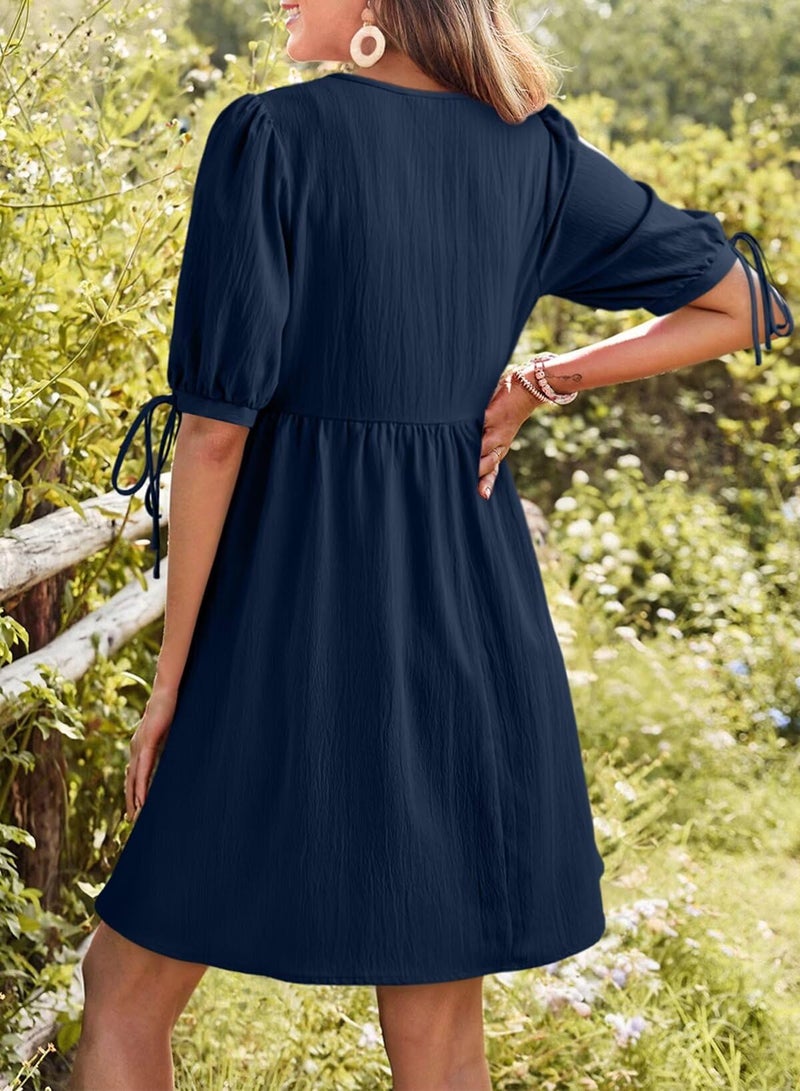 Dokotoo Women's Summer Short Sleeve Tie Front Empire Waist A-Line Babydoll Loose Cute Mini Dress Summer Clothes Dirty Blue Large - Image 2