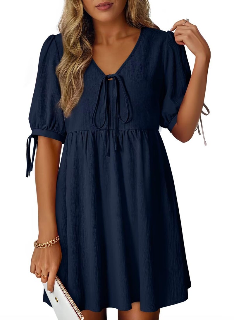 Dokotoo Women's Summer Short Sleeve Tie Front Empire Waist A-Line Babydoll Loose Cute Mini Dress Summer Clothes Dirty Blue Large - Image 1