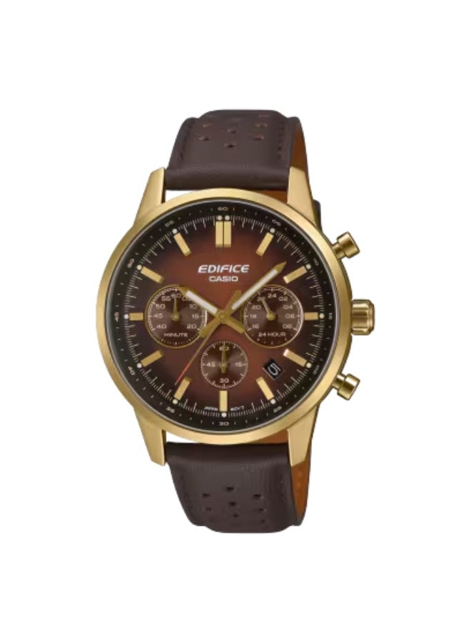 ساعة كاسيو إيديفيس EFR-575CL-5ADF رجالية، مينا بني، كرونوغراف، سوار من الجلد الطبيعي، علبة من الفولاذ المقاوم للصدأ مطلية بالذهب، مقاومة للماء حتى عمق 100 متر، عرض التاريخ