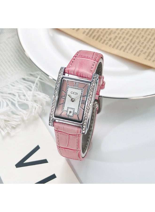 GEDI Pink Crocodile Leather Watch - Square Dial Diamond-Studded Elegant Women’s Dress Watch - Image 2