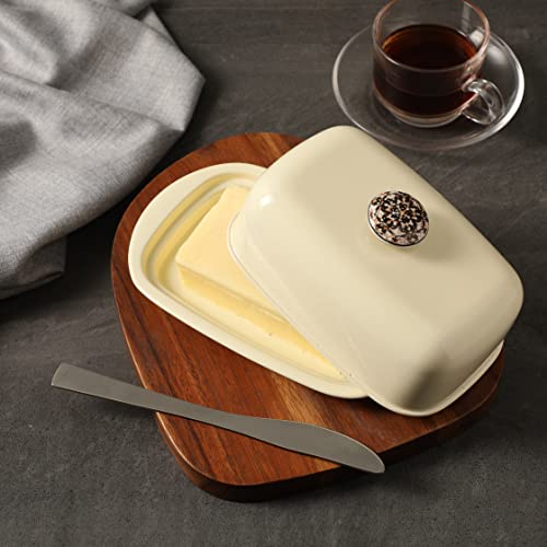 Dudki Stainless Steel Butter Dish Storage Box Organizer with Ceramic Knob Design , (500 Gram) (Ivory Colour) - Image 1