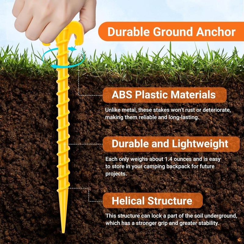 Hikemax 15 Pack Plastic Spiral Tent Stakes - 10 Inch Heavy Duty Screw-in Sand Anchors Pegs - Windproof Plastic Ground Anchor Stakes for Secure Tents, Inflatables, Canopies, Tarps, Garden Structures - Image 3