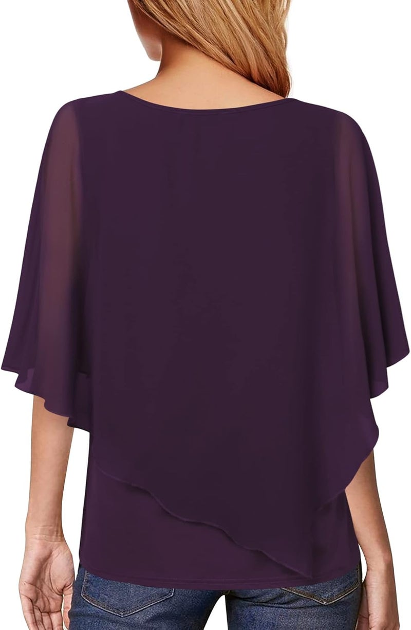 Lotusmile Women's Lightweight Flowy Double-Layered Chiffon Poncho Blouse Top - Dark Violet, XXL - Image 2