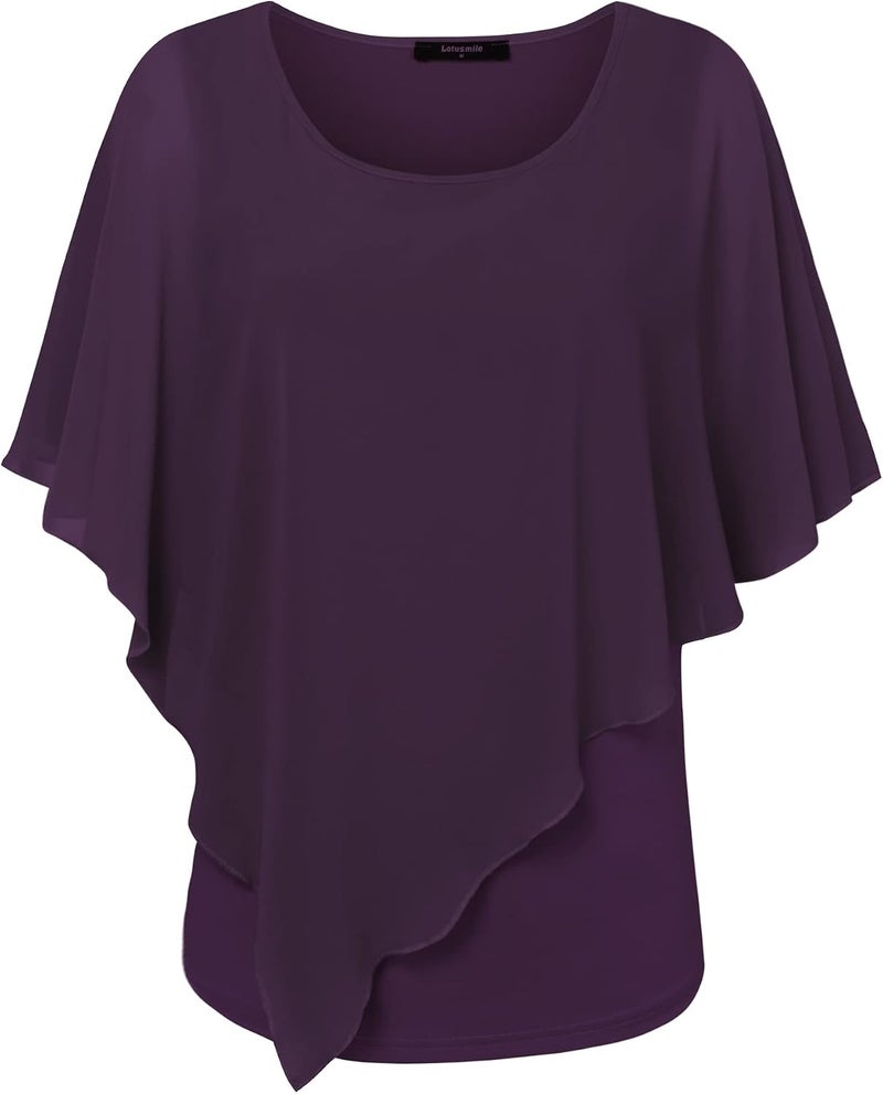 Lotusmile Women's Lightweight Flowy Double-Layered Chiffon Poncho Blouse Top - Dark Violet, XXL - Image 3
