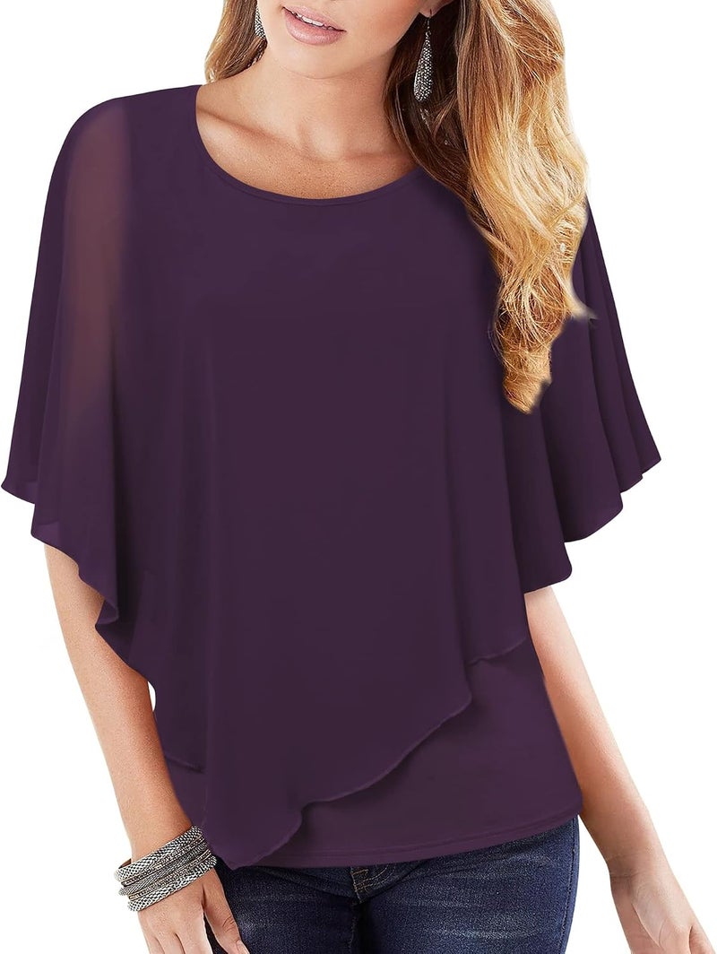 Lotusmile Women's Lightweight Flowy Double-Layered Chiffon Poncho Blouse Top - Dark Violet, XXL - Image 1