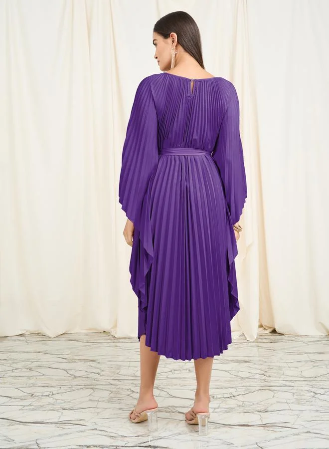 Styli Accordion Pleats Handkerchief Hem Midi Dress with Tie Belt