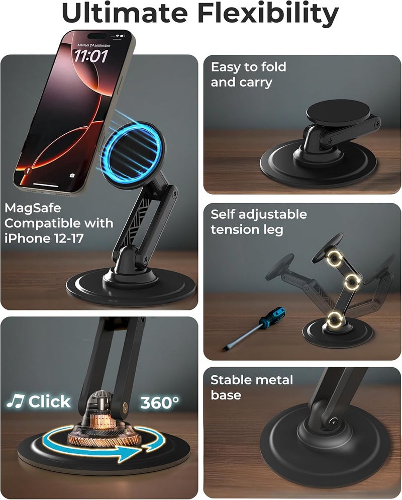 كوبر Mag360، حامل هاتف مغناطيسي للمكتب متوافق مع حامل هاتف MagSafe، قابل للتعديل 360 درجة، حامل أيفون لأيفون 16 برو ماكس/15/14/13/12، يتضمن حلقتين معدنيتين للهواتف الأخرى - أسود - Image 3