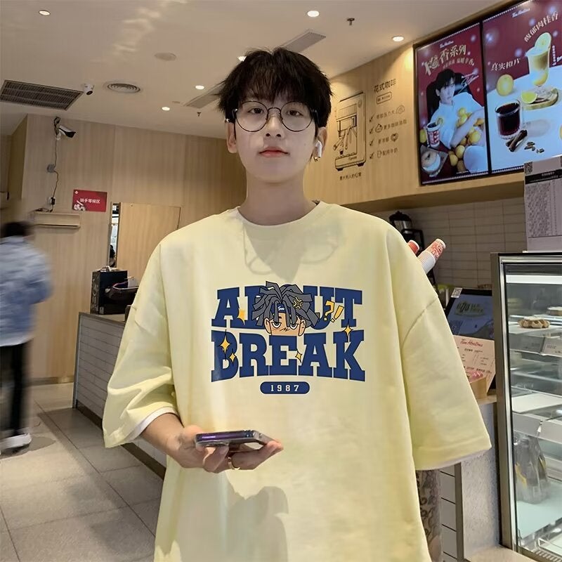 Summer Boys Loose Oversize Short Sleeve Men'S Fashion Brand Trendy All-Match Cotton Youth American T-Shirt Student - Image 1
