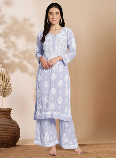 Alaya Hand Embroidered Chikan Modal Straight Kurta Palazzos AL3668