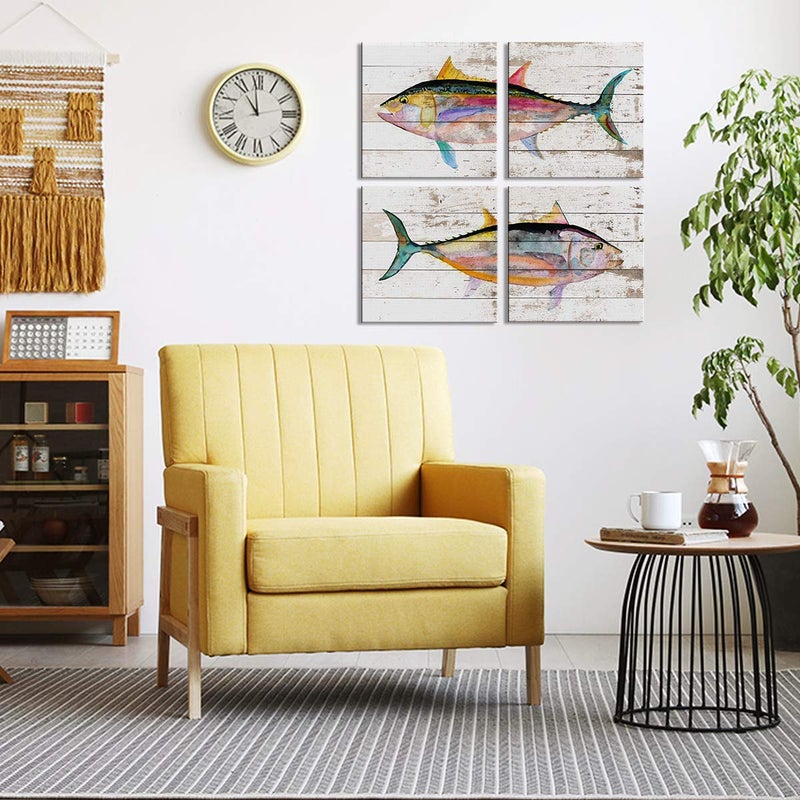 sunfrower Vintage Fish Wall Art Fishing Beach Theme Wall Decor Colorful Abstract Tuna Sea Fish Canvas Prints Picture Farmhouse Black Fin Ocean Animal Nautical Poster Bathroom Living Room Decoration 12x12" 4P - Image 3