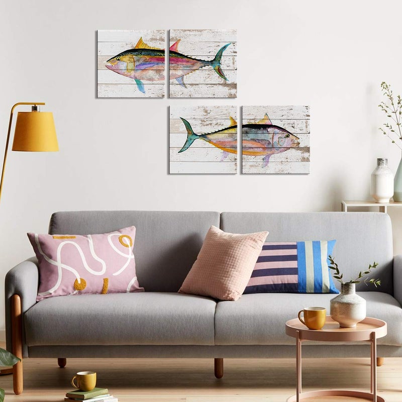 sunfrower Vintage Fish Wall Art Fishing Beach Theme Wall Decor Colorful Abstract Tuna Sea Fish Canvas Prints Picture Farmhouse Black Fin Ocean Animal Nautical Poster Bathroom Living Room Decoration 12x12" 4P - Image 2