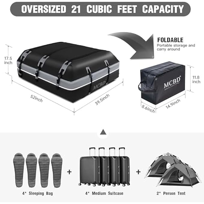 rayihni Rooftop Cargo Carrier, 21 Cubic Feet Soft-Shell Waterproof Car Roof Luggage Bag for All Vehicles SUV with/Without Rails, Includes 8 Reinforced Straps + 6 Door Hooks Suitable,Storage Bag,Anti-Slip Mat - Image 2