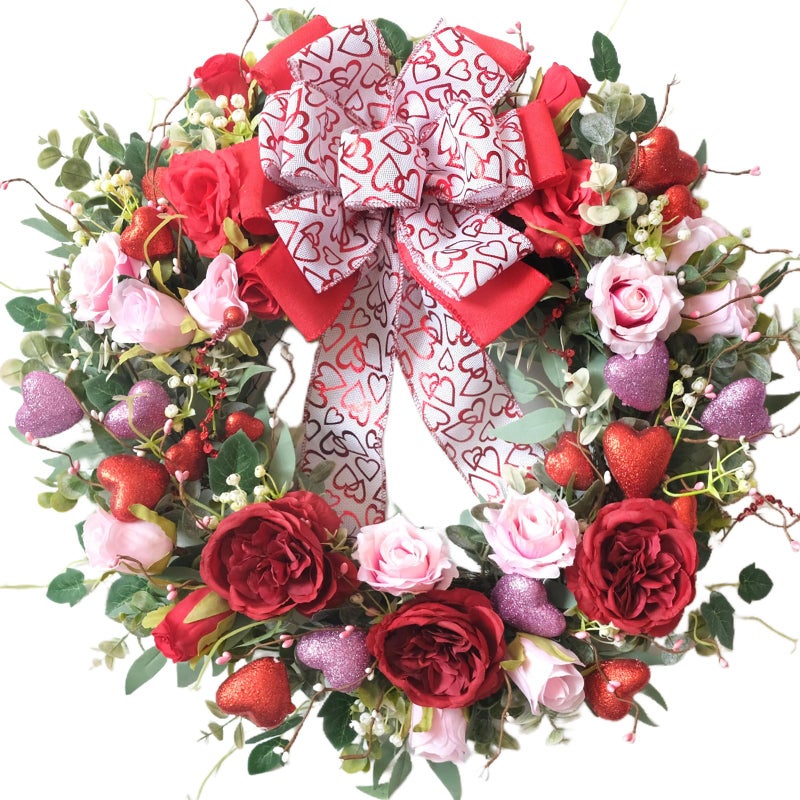 Egolot 24 Inch Valentineâ€™s Day Wreath for Front Door with Glitter Heart and Red Pink Roses, Valentine Wreaths with Heart Ribbon Bow for Indoor Outdoor, Window, Walls - Image 1
