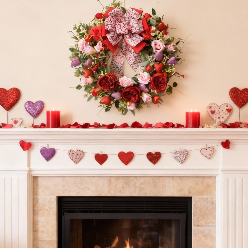 Egolot 24 Inch Valentineâ€™s Day Wreath for Front Door with Glitter Heart and Red Pink Roses, Valentine Wreaths with Heart Ribbon Bow for Indoor Outdoor, Window, Walls - Image 3