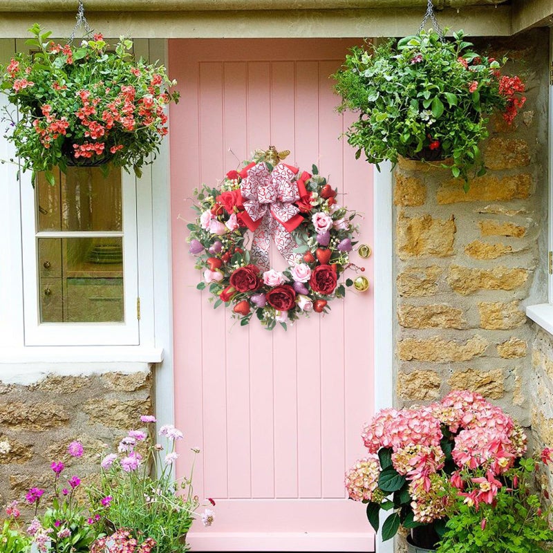 Egolot 24 Inch Valentineâ€™s Day Wreath for Front Door with Glitter Heart and Red Pink Roses, Valentine Wreaths with Heart Ribbon Bow for Indoor Outdoor, Window, Walls - Image 4