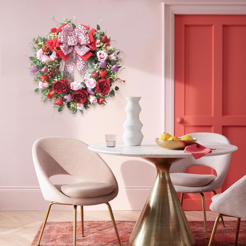 Egolot 24 Inch Valentineâ€™s Day Wreath for Front Door with Glitter Heart and Red Pink Roses, Valentine Wreaths with Heart Ribbon Bow for Indoor Outdoor, Window, Walls - Image 5