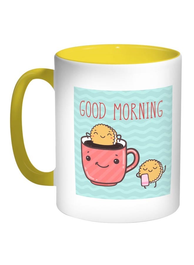 RYN Good Morning Printed Coffee Mug Blue/White/Yellow 11ounce