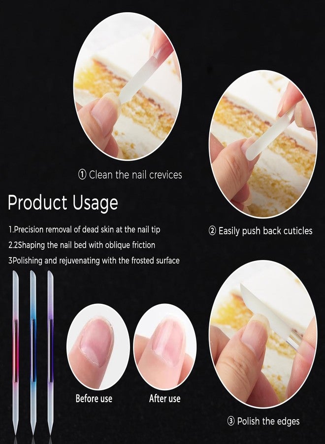 JERCLITY 3 Pieces Double-Ended Glass Nail Files Cuticle Pusher Cuticle Stick Set Nano-Frosted Nail Polished Crystal Glass Rod Manicure Pedicure Pusher Tools(Blue/Purple/Rose Red) - Image 3