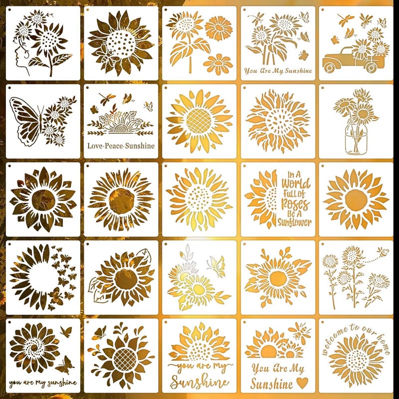6 Inch Sunflower Stencils Reusable Flower Stencils for Painting on Wood 25 Pieces Floral Stencil DIY Craft Template for Painting on Furniture Canvas Wall Home DecorSunflower