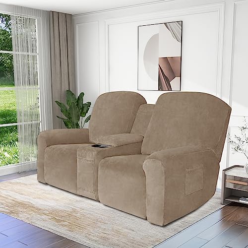 Easy-Going Velvet Reclining Loveseat with Middle Console Slipcover, Stretch 8-Piece Loveseat Reclining Sofa Covers, 2 Seat Loveseat Recliner Slipcover, Thick, Soft, Washable, Camel - Image 2