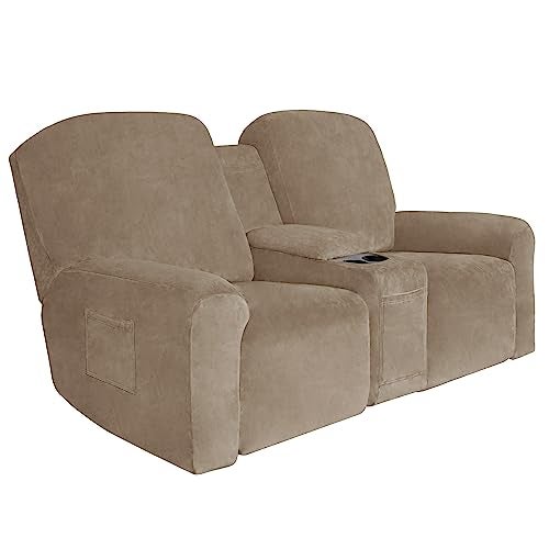Easy-Going Velvet Reclining Loveseat with Middle Console Slipcover, Stretch 8-Piece Loveseat Reclining Sofa Covers, 2 Seat Loveseat Recliner Slipcover, Thick, Soft, Washable, Camel - Image 1