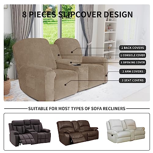 Easy-Going Velvet Reclining Loveseat with Middle Console Slipcover, Stretch 8-Piece Loveseat Reclining Sofa Covers, 2 Seat Loveseat Recliner Slipcover, Thick, Soft, Washable, Camel - Image 3