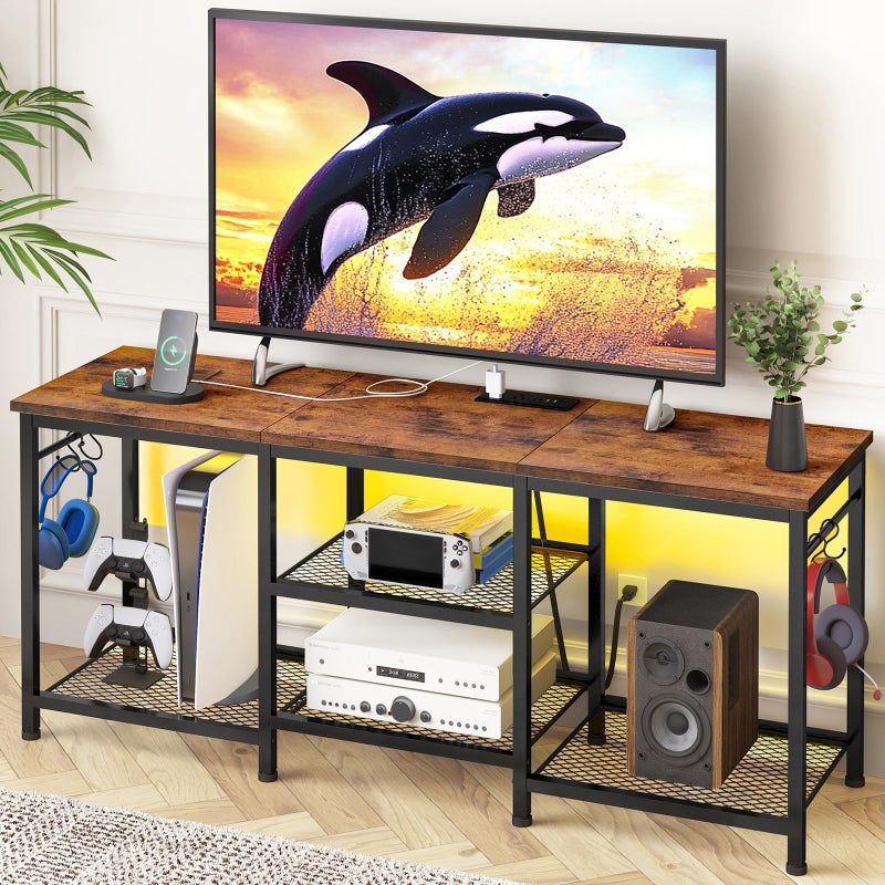 YGEOMER TV Stand Entertainment Center for 55 Inch TVs, with Charging Station and Lights Open Storage Shelves, TV Media Console, Open Storage Shelf with Sound Rack for Living Room, Rustic Brown - Image 1