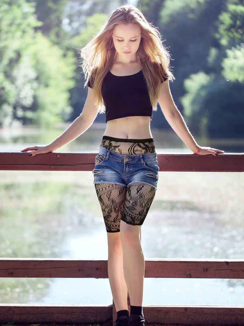 Newcotte 4 Pcs Fishnet Shorts High Waisted Mesh Short Leggings See Through Fishnet Tights Cover up Shorts for Women (Floral) - Image 3