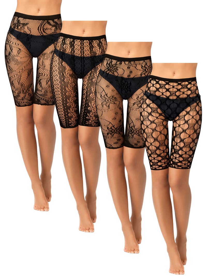 Newcotte 4 Pcs Fishnet Shorts High Waisted Mesh Short Leggings See Through Fishnet Tights Cover up Shorts for Women (Floral) - Image 1