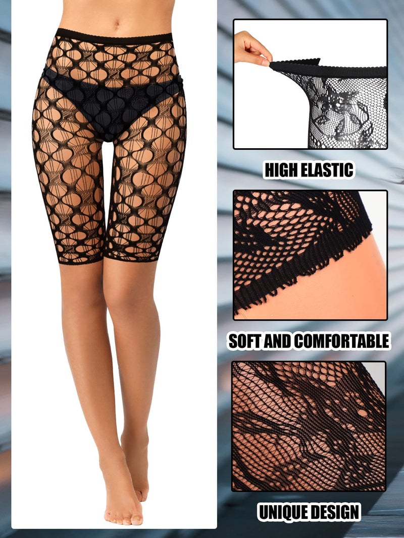 Newcotte 4 Pcs Fishnet Shorts High Waisted Mesh Short Leggings See Through Fishnet Tights Cover up Shorts for Women (Floral) - Image 4