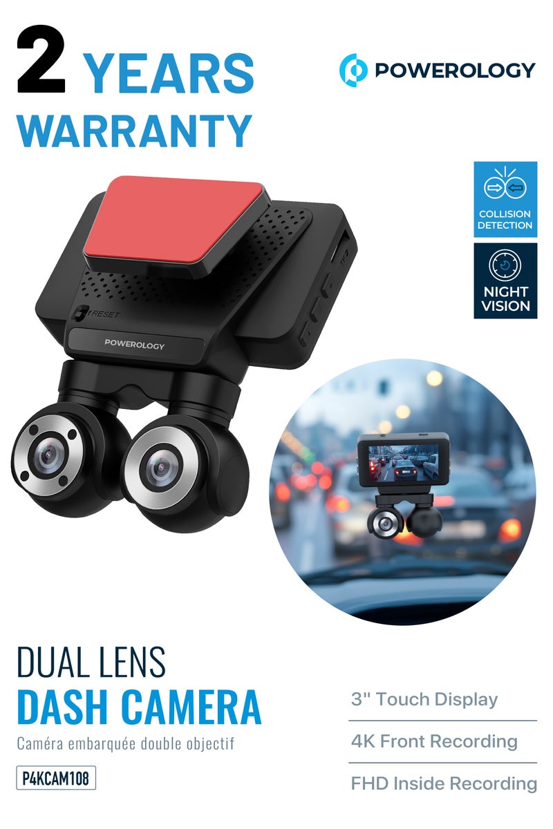 Powerology Dual Lens Dash Camera 4K with Night Vision and Collision Detection / Parking Monitor / 3inch Touch Display / 4K Front Recording / FHD Inside Recording / Convenient Type-C Power Cable Included - Black  - Image 1