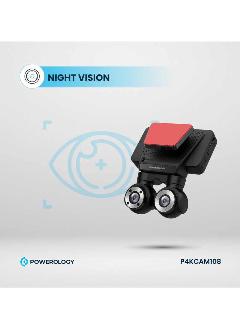 Powerology - Dual Lens Dash Camera 4K with Night Vision and Collision Detection / Parking Monitor / 3inch Touch Display / 4K Front Recording / FHD Inside Recording / Convenient Type-C Power Cable Included - Black - Image 1