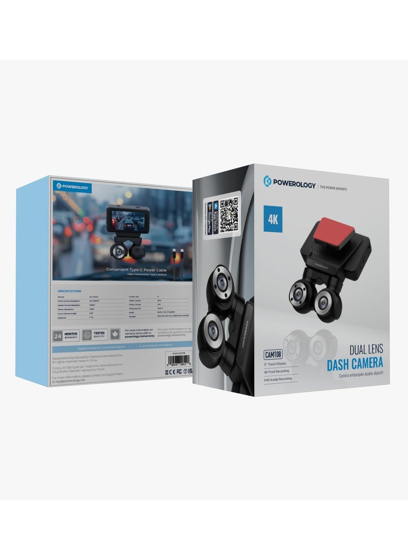 Powerology - Dual Lens Dash Camera 4K with Night Vision and Collision Detection / Parking Monitor / 3inch Touch Display / 4K Front Recording / FHD Inside Recording / Convenient Type-C Power Cable Included - Black - Image 1