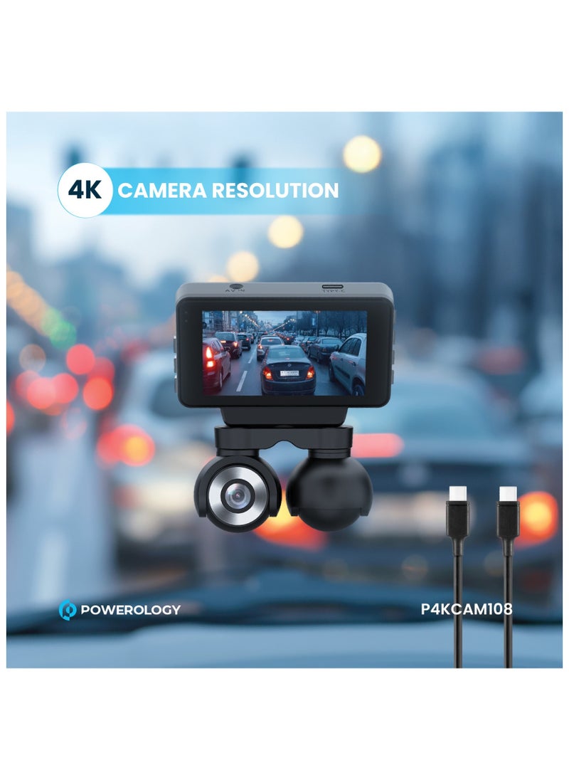 Powerology - Dual Lens Dash Camera 4K with Night Vision and Collision Detection / Parking Monitor / 3inch Touch Display / 4K Front Recording / FHD Inside Recording / Convenient Type-C Power Cable Included - Black - Image 1