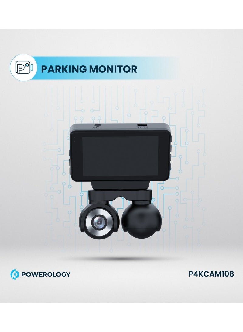 Powerology Dash Cam with Front and Rear Dual-channel Camera, 4K Front Record, Night Vision and Collision Detection, Parking Monitor, 3" Touch Display, FHD Inside Recording, Convenient Type-C Power Cable Included - Black - Image 3