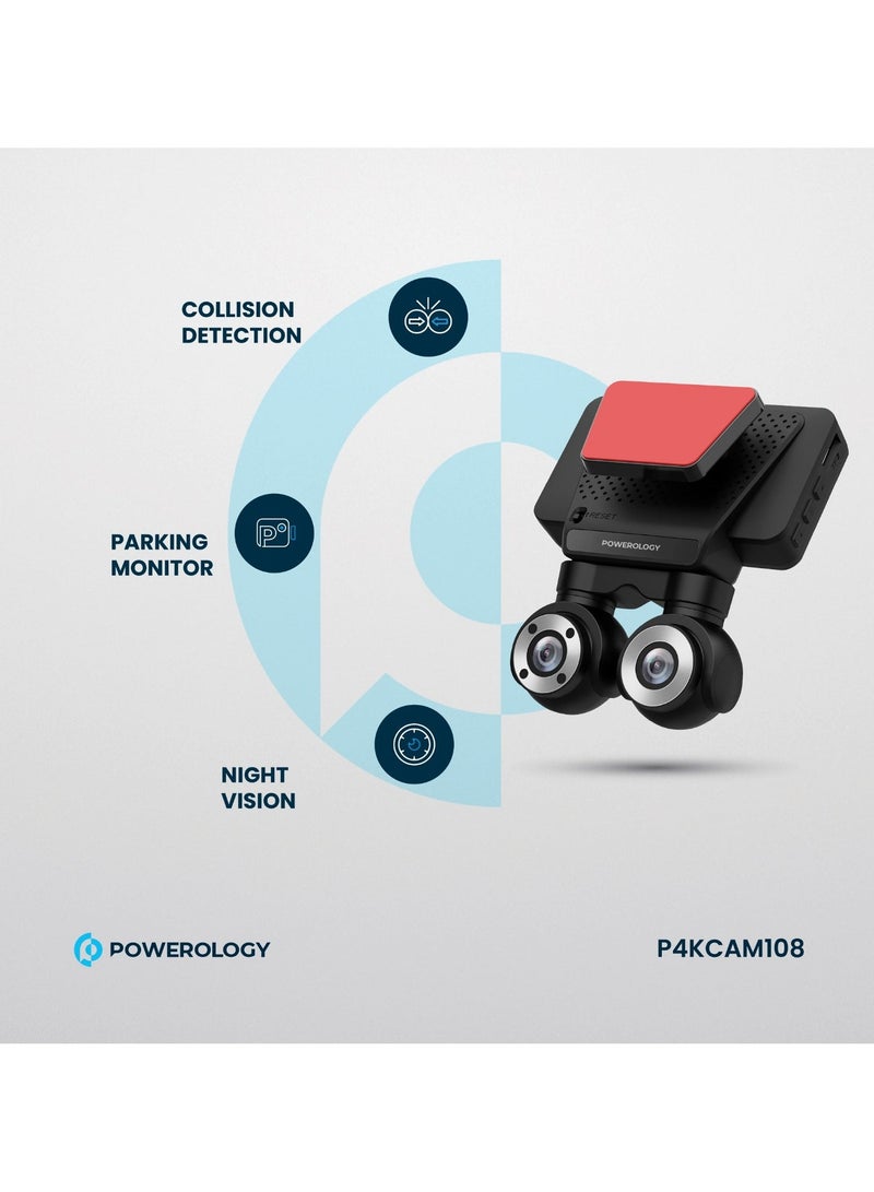 Powerology Dash Cam with Front and Rear Dual-channel Camera, 4K Front Record, Night Vision and Collision Detection, Parking Monitor, 3" Touch Display, FHD Inside Recording, Convenient Type-C Power Cable Included - Black - Image 2