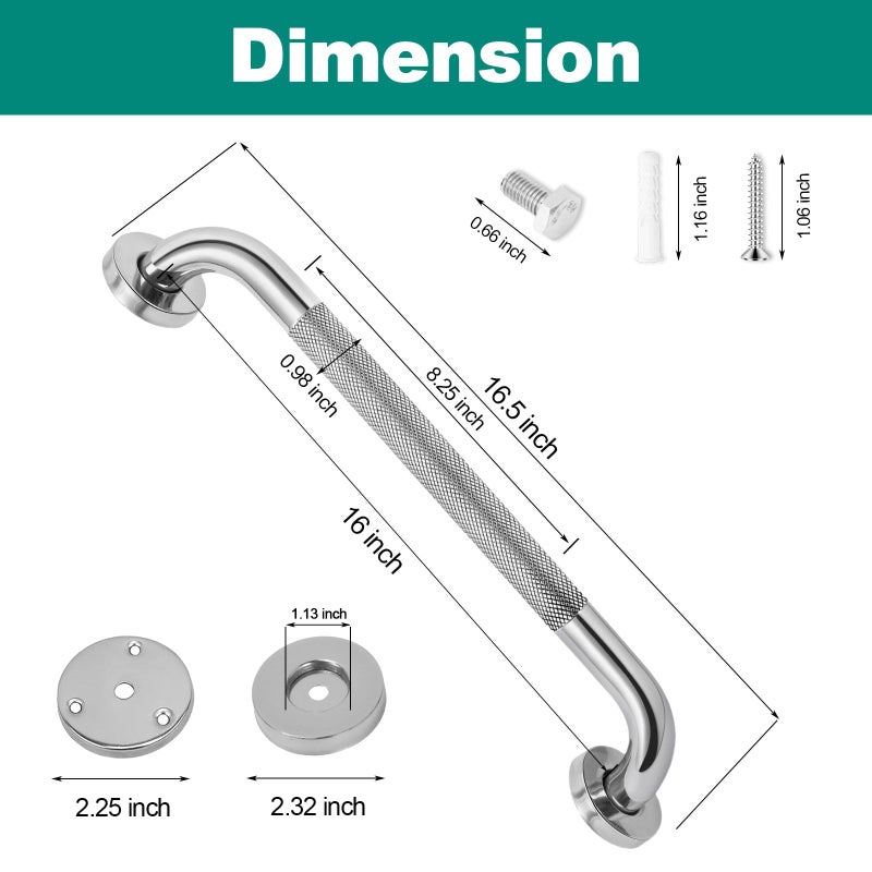 Fertoriy 2 Pack 16 Inch Grab Bars for Bathtubs and Showers, Safety Bathroom Shower Grab Bars for Seniors Holds up to 500LBs, Handicap Grab Bars Stainless Steel, Anti Slip Shower Handle for Wall, Elderly - Image 2