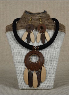 Women's Handmade Coconut Shell Dual Tone Round Shaped Necklace with Jhumka and Earrings Set