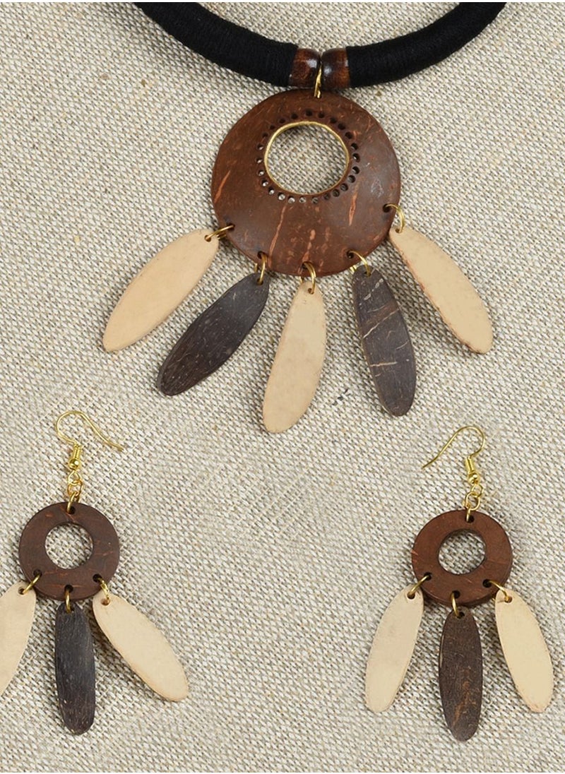 N & H - Women's Handmade Coconut Shell Dual Tone Round Shaped Necklace with Jhumka and Earrings Set - Image 1