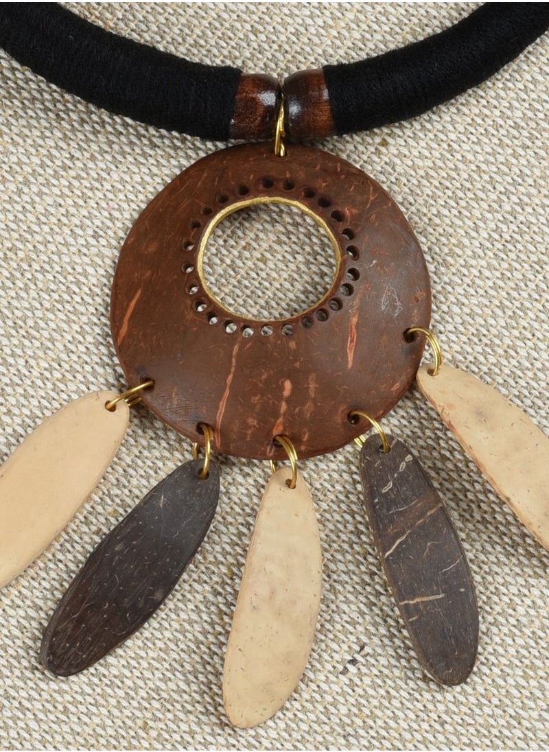 N & H - Women's Handmade Coconut Shell Dual Tone Round Shaped Necklace with Jhumka and Earrings Set - Image 1
