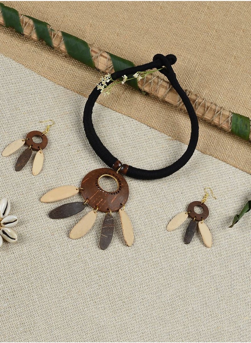 N & H - Women's Handmade Coconut Shell Dual Tone Round Shaped Necklace with Jhumka and Earrings Set - Image 1