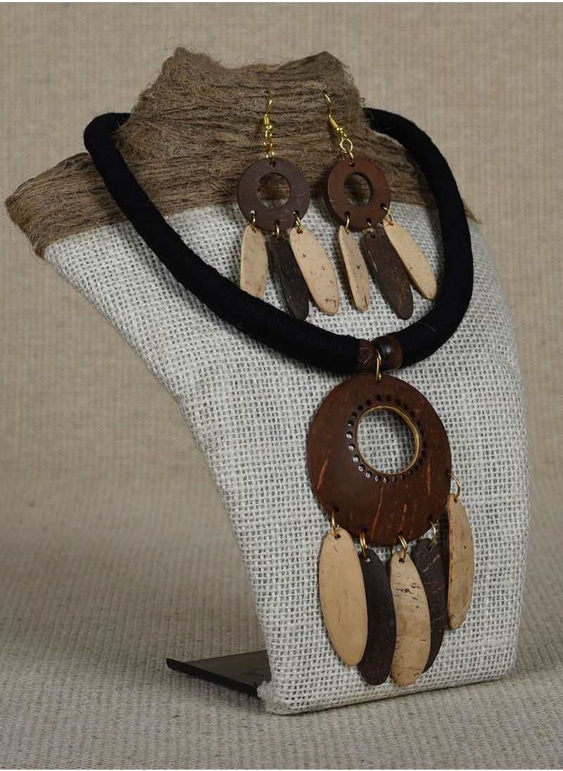 N & H - Women's Handmade Coconut Shell Dual Tone Round Shaped Necklace with Jhumka and Earrings Set - Image 1
