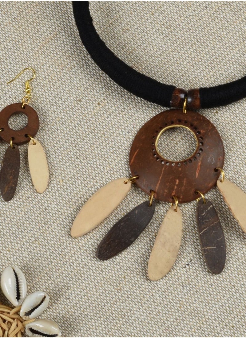 N & H - Women's Handmade Coconut Shell Dual Tone Round Shaped Necklace with Jhumka and Earrings Set - Image 1