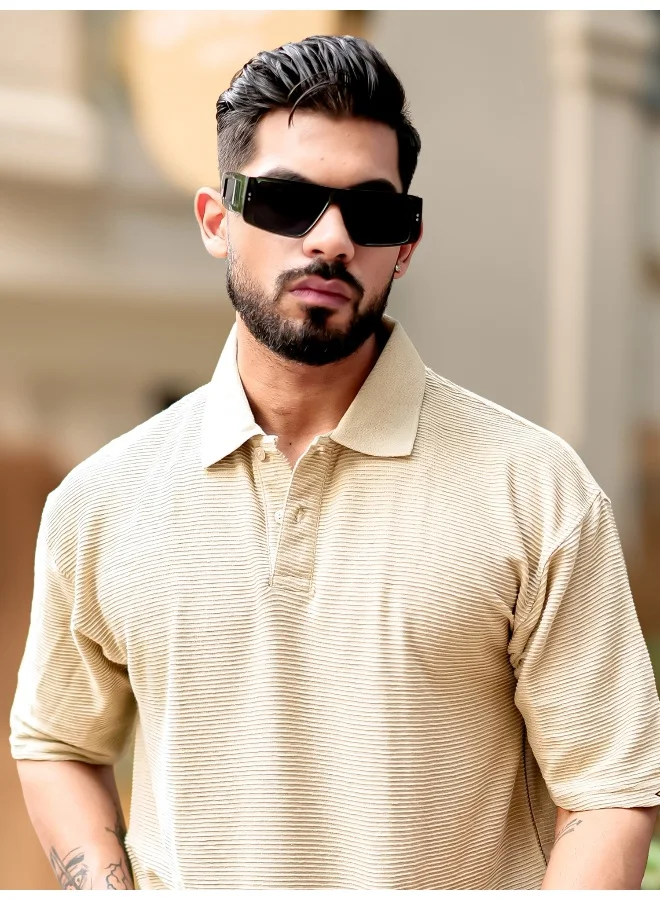 Maniac Mens Polo Neck 3/4th Sleeve Biscuit Corduroy Fabric Tshirt