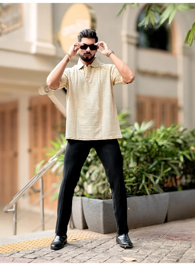 Maniac Mens Polo Neck 3/4th Sleeve Biscuit Corduroy Fabric Tshirt