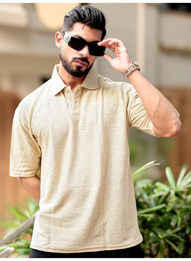 Maniac Mens Polo Neck 3/4th Sleeve Biscuit Corduroy Fabric Tshirt