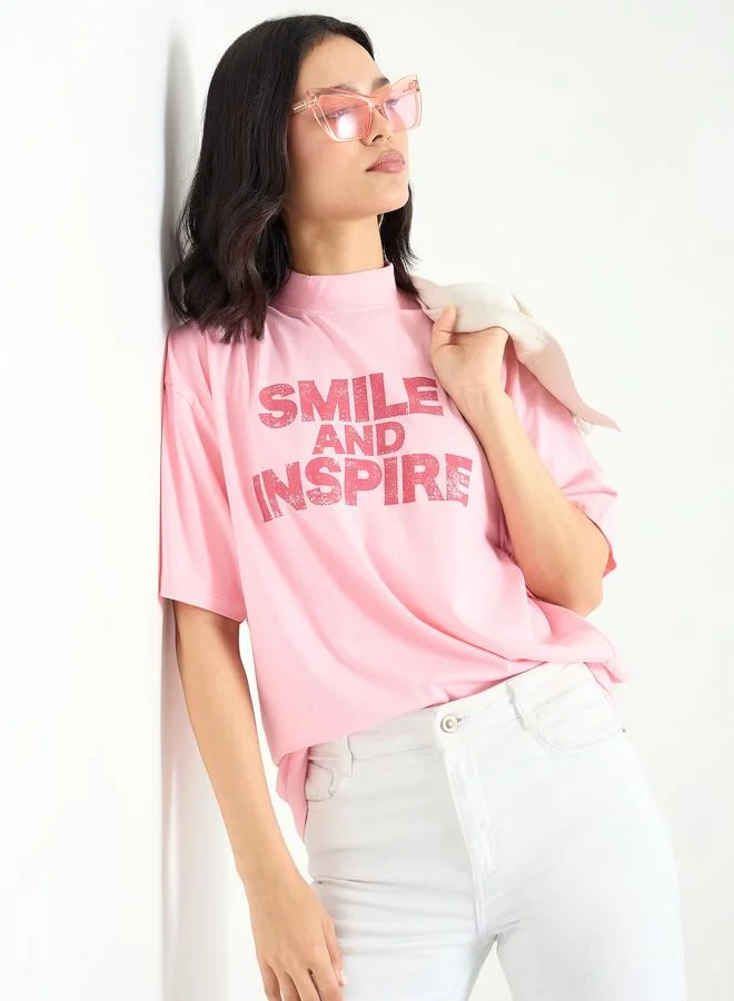 Styli Styli Pink Slogan Relaxed Fit T-Shirt